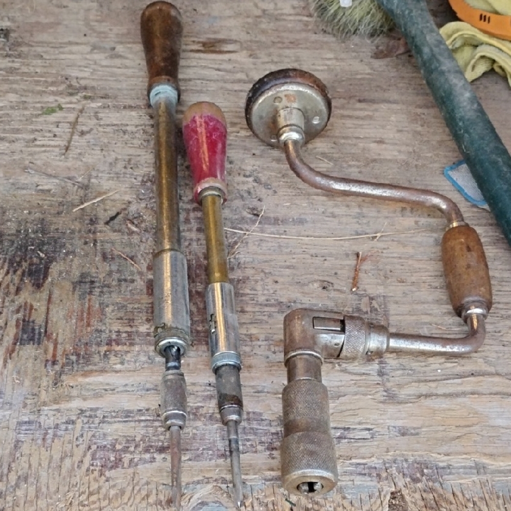 Vintage Hand Drills and Screwdrivers Set - Brass and Wood Handles